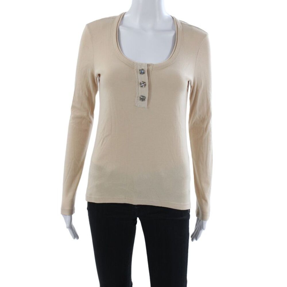 Chloe Womens Beige Jersey T-Shirt Cotton Long Sleeve Henley Size S Tall